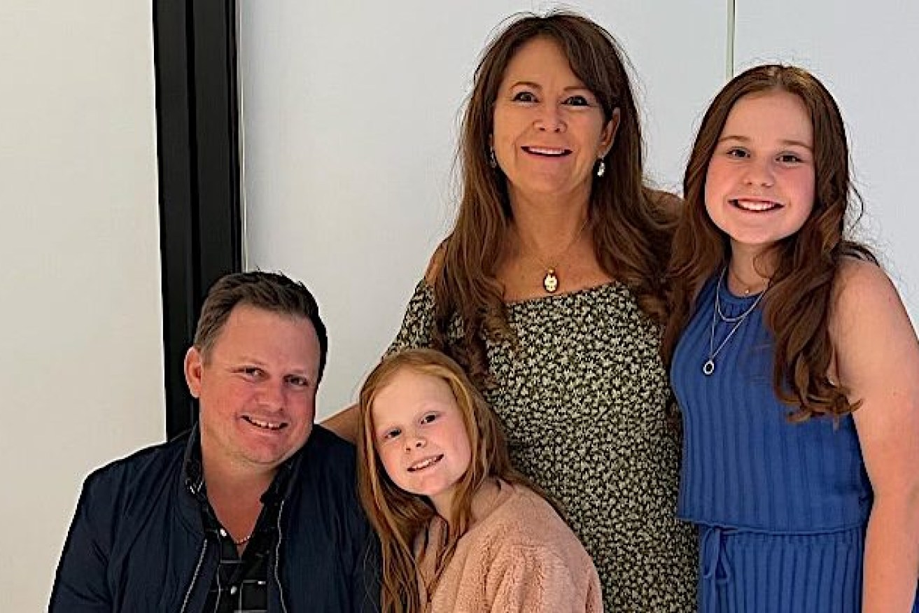 Six years after Daniel Stevens (left) was diagnosed with a brain tumor, pictured with his daughter Madeleine, wife Donna and daughter Annabelle. Photo: supplied