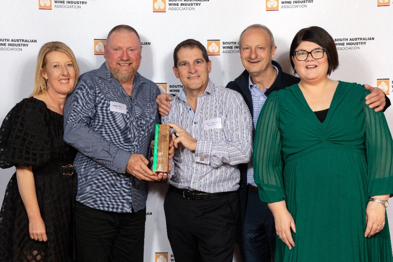 Eden Hall Wines won an Environmental Excellence award in the Viticulture category. The team is pictured here with Tourism Minister Zoe Bettison (right). Photo: Ben Macmahon.