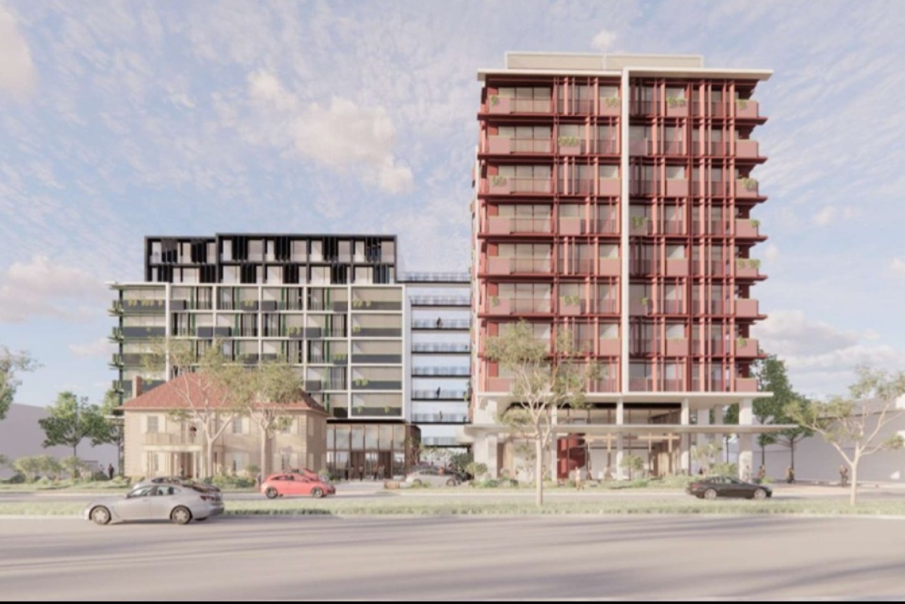 An image of the rejected plans for 9 and 11-storey apartment towers at the Australian Education Union SA branch site on Greenhill Road, Parkside. Image: nettletontribe architects