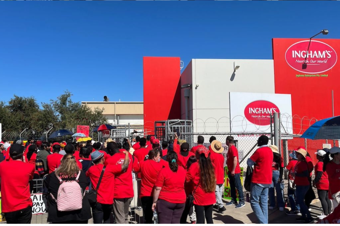 Striking Ingham's workers at Adelaide's Bolivar processing plant. Photo: AAP /Jacob Shteyman 