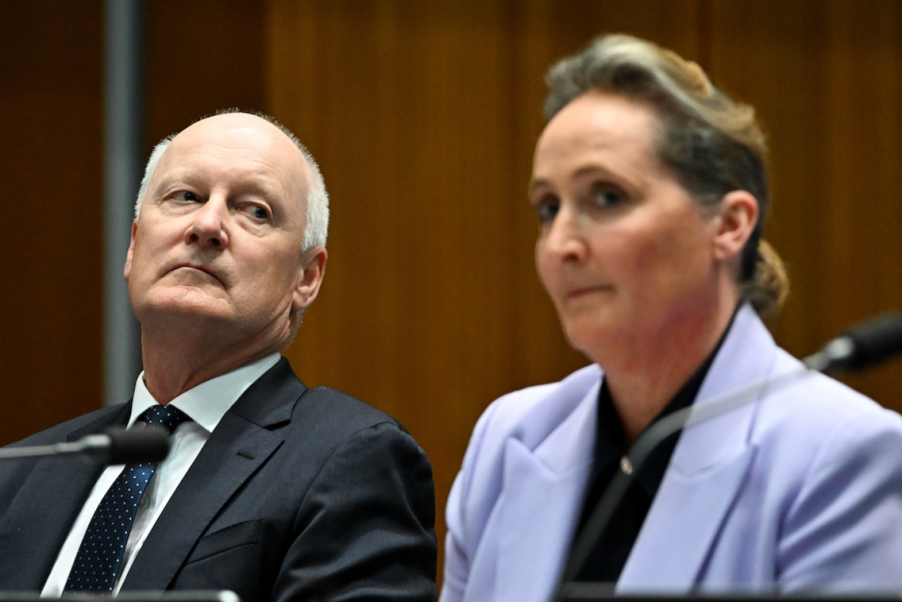Qantas chairman Richard Goyder and CEO Vanessa Hudson at the Senate inquiry. Photo: AAP/Lukas Coch