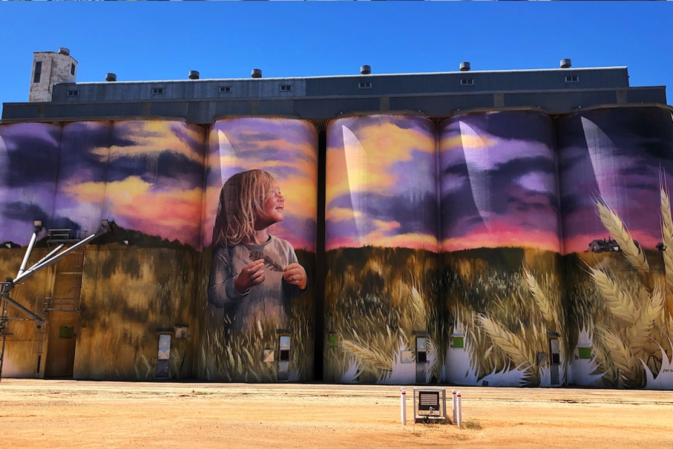 Art on towering silos at Kimba, SA. A major insurer will no longer cover artists working above five metres high. Photo: AAP/Annette Green/Cover Images