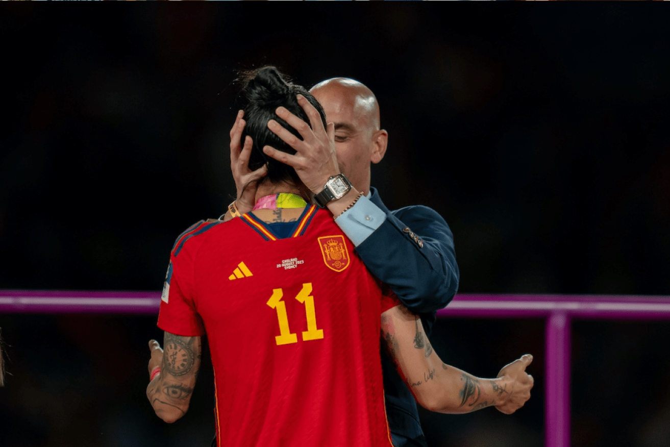 Luis Rubiales kisses player Jenni Hermoso after Spain's FIFA Womens World Cup 2023 Final win over England in Sydney. Photo: Noe Llamas / SPP) (Photo by Noe Llamas / SPP/Sipa USA