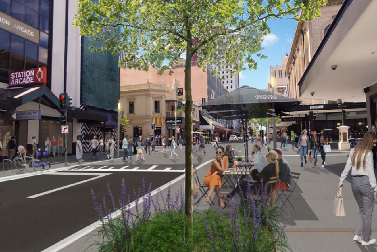 A concept design of the Hindley Street upgrade looking east towards Bank Street. Image: Adelaide City Council