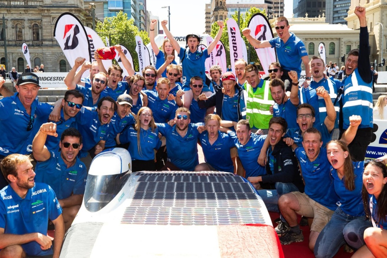 The Agoria Solar Team celebrates their Challenger class win in 2019.