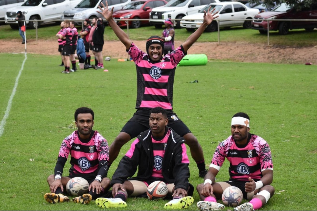 Some of the Barossa Rams’ Fijian team members Tim Kavasi (left), Emori Rokoniu, Sakiusa Sugumai (standing), and Vonivate Bokadi who have brought excitement to the region’s rugby. Photo: Rick Bouwer