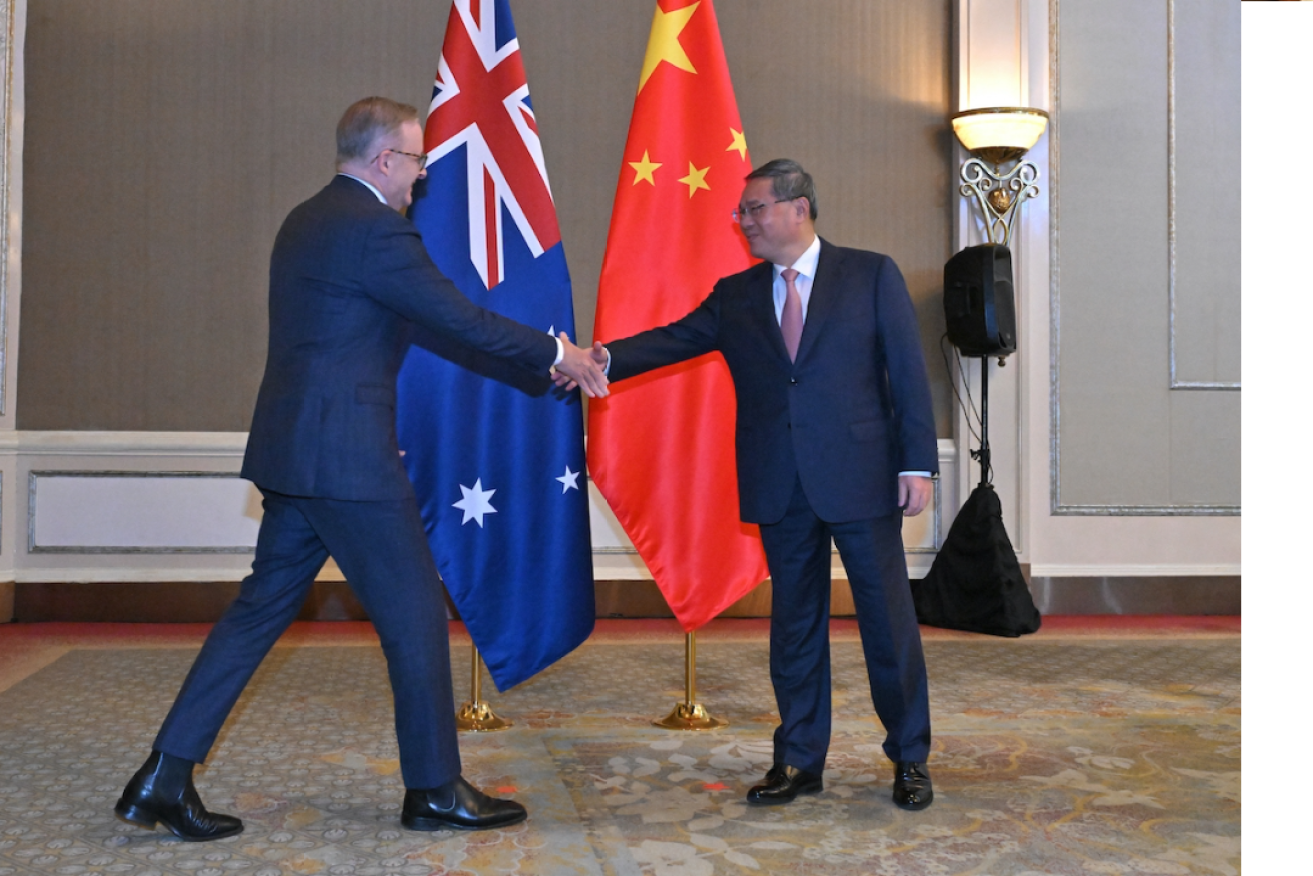 Prime Minister Anthony Albanese and China’s Premier Li Qiang at September's ASEAN Summit in Jakarta. Albanese will meet with the Premier and President Xi Jinping in China next month. Photo: AAP/Mick Tsikas