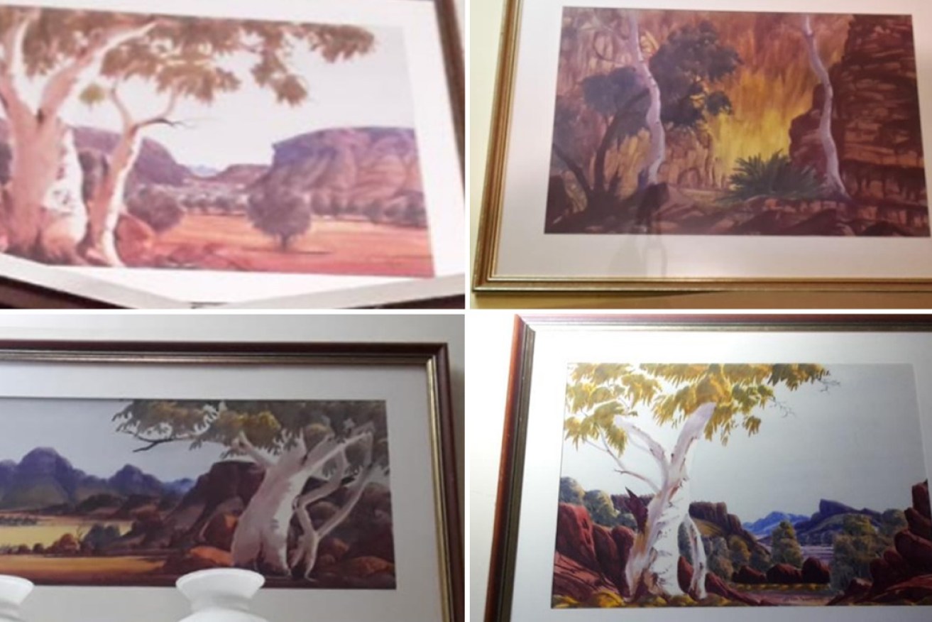 Four of the six Albert Namatjira paintings stolen from a home at Glenelg East in Adelaide. Photo: Supplied.