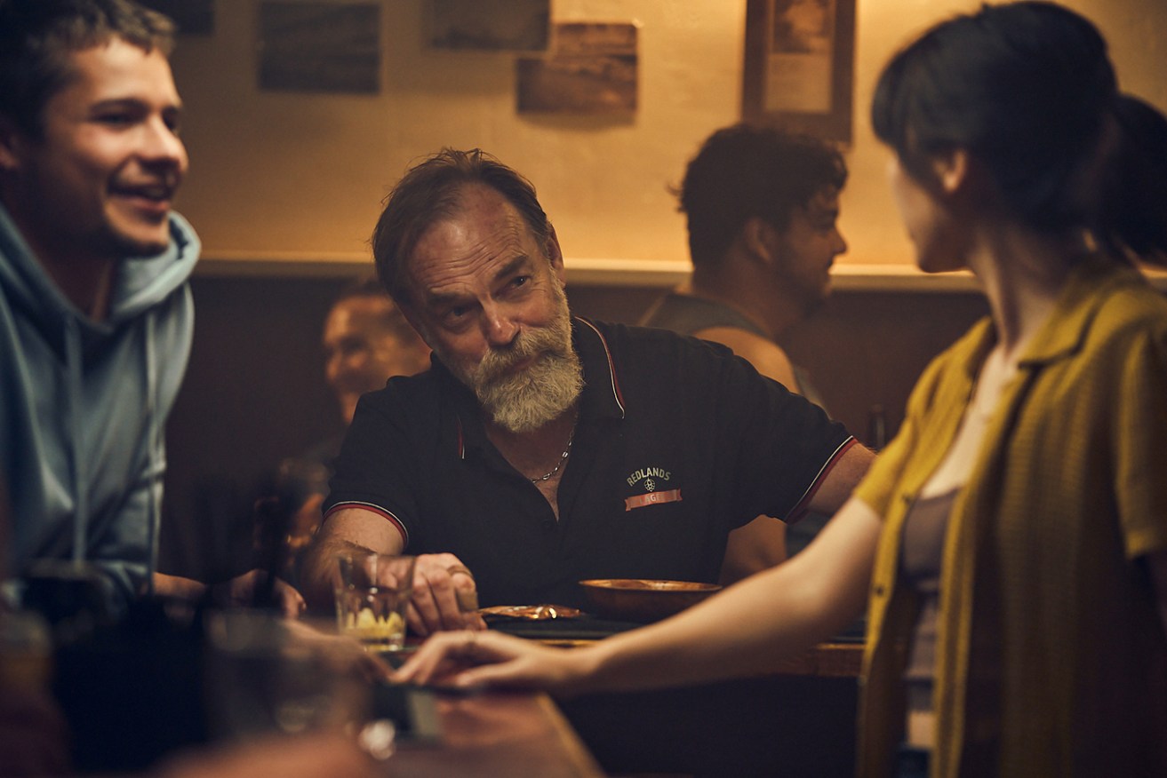 Toby Wallace, Hugo Weaving and Jessica Henwick in outback thriller 'The Royal Hotel'. Photo: See-Saw Films