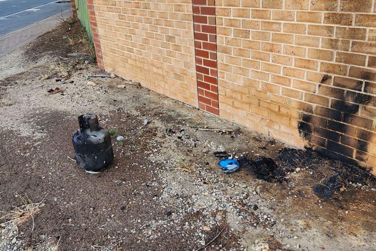 A gas cylinder set alight outside Al-Khalil Mosque in Adelaide posted to Facebook by the Islamic Society of South Australia.
