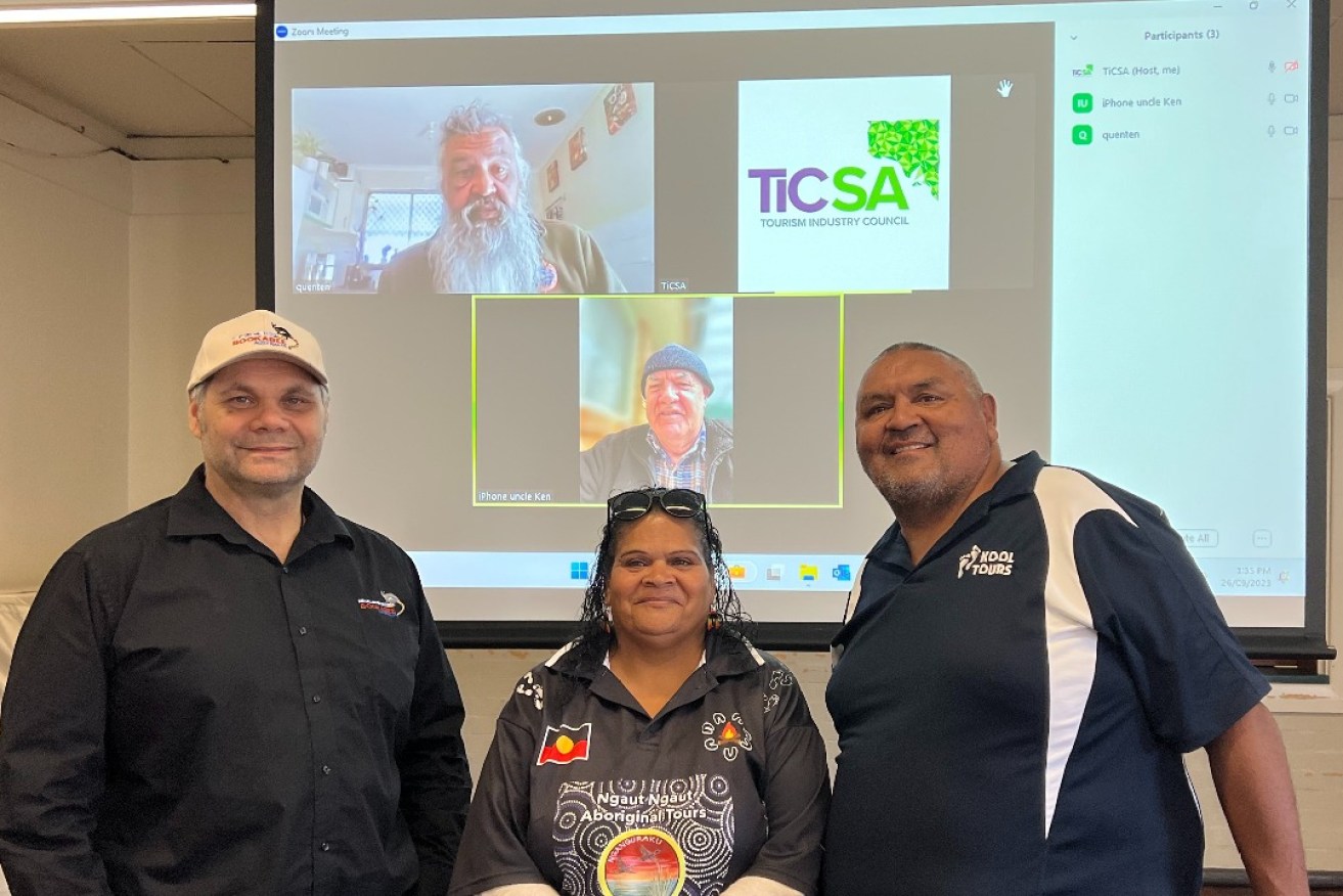 The interim board of the Aboriginal Tourism Operators Council: In person, left to right, Haydyn Bromley from Bookabee Tours Australia, Ivy Campbell from Ngaut Ngaut Aboriginal Tours, Mark Koolmatrie from Kool Tours. On screen, Quenten Agius from Aboriginal Cultural Tours and Ken Jones from Bush Adventures.