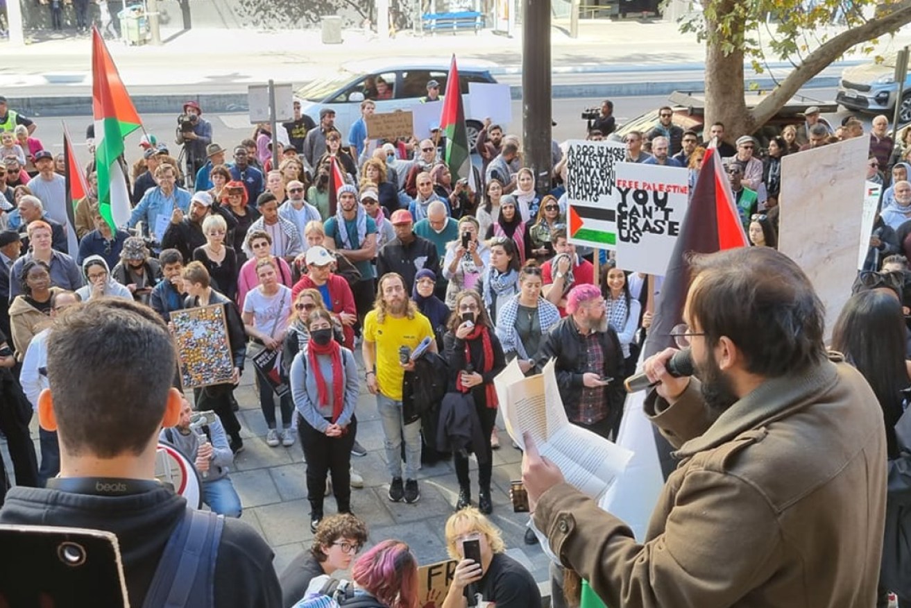 Pro-Palestinian protestors gathered at Parliament in 2021 "to demand justice for Palestine". Photo: Adelaide Campaign Against Racism and Fascism/Facebook.
