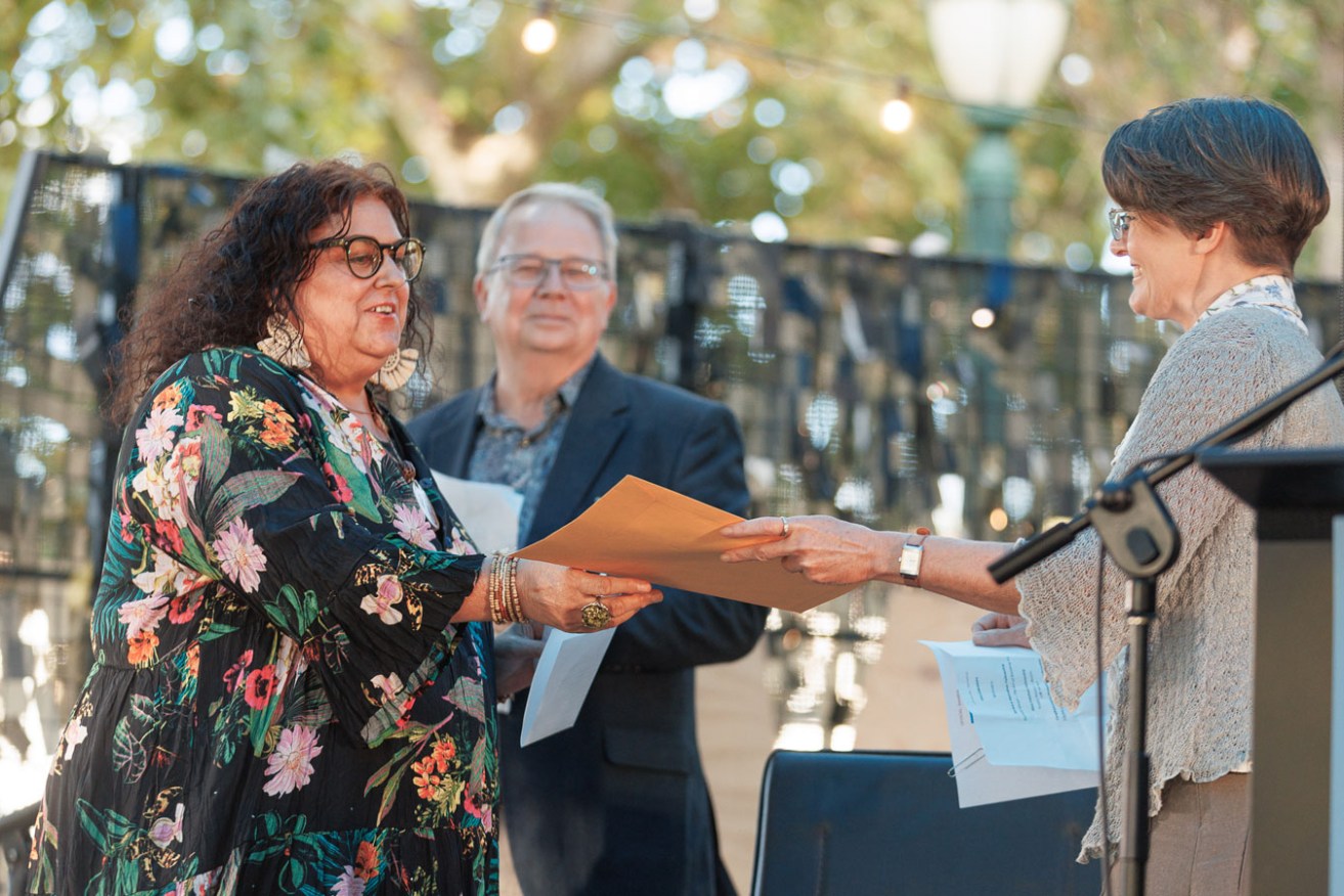 South Australian author Karen Wyld is presented with the Tangkanungku Pintyanthi Fellowship at the 2022 Adelaide Festival Awards for Literature. Photo: James Field / supplied