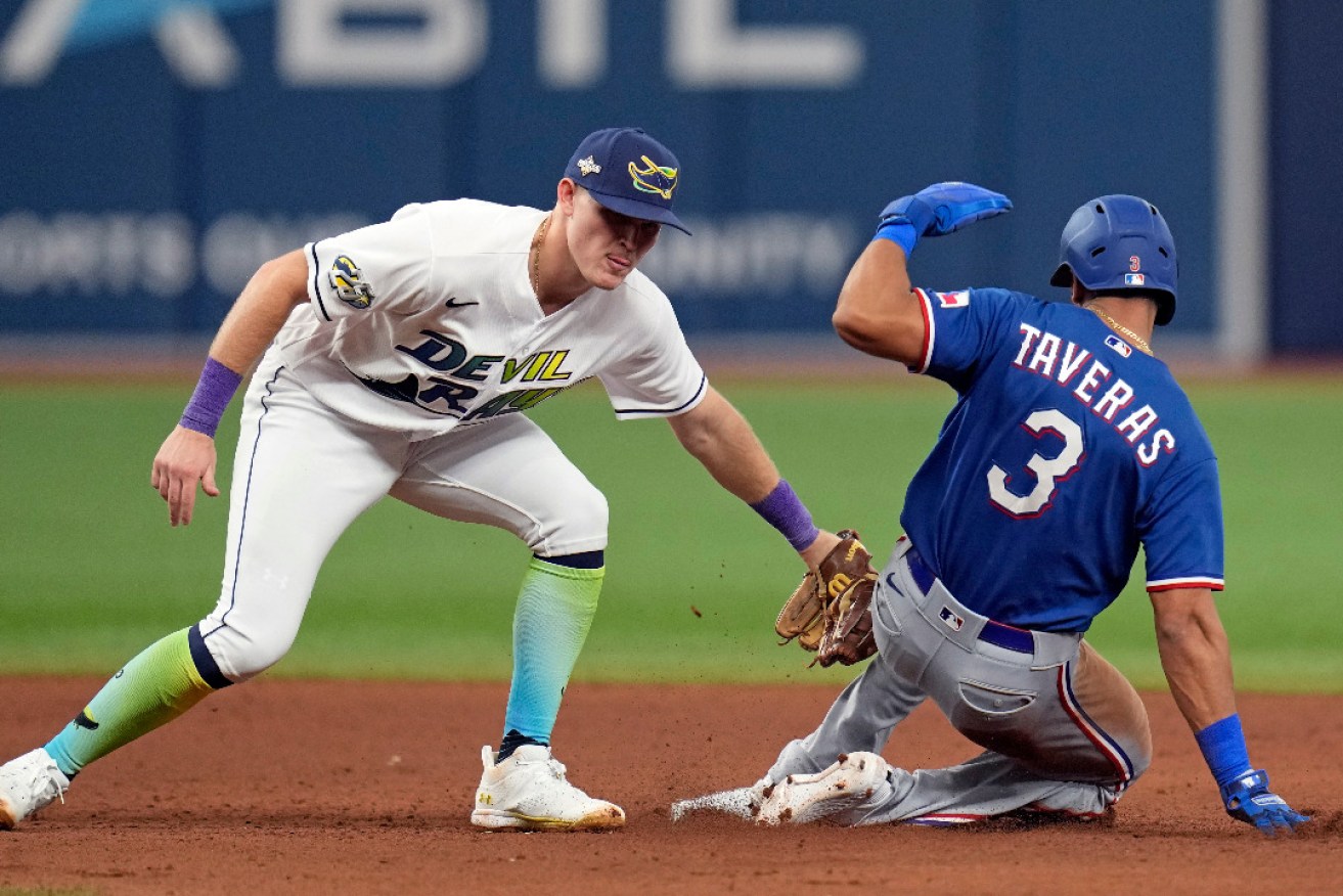 Tampa Bay Rays second baseman Curtis Mead tags out Texas Rangers' Leody Taveras on an attempted steal. Photo: AP/John Raoux