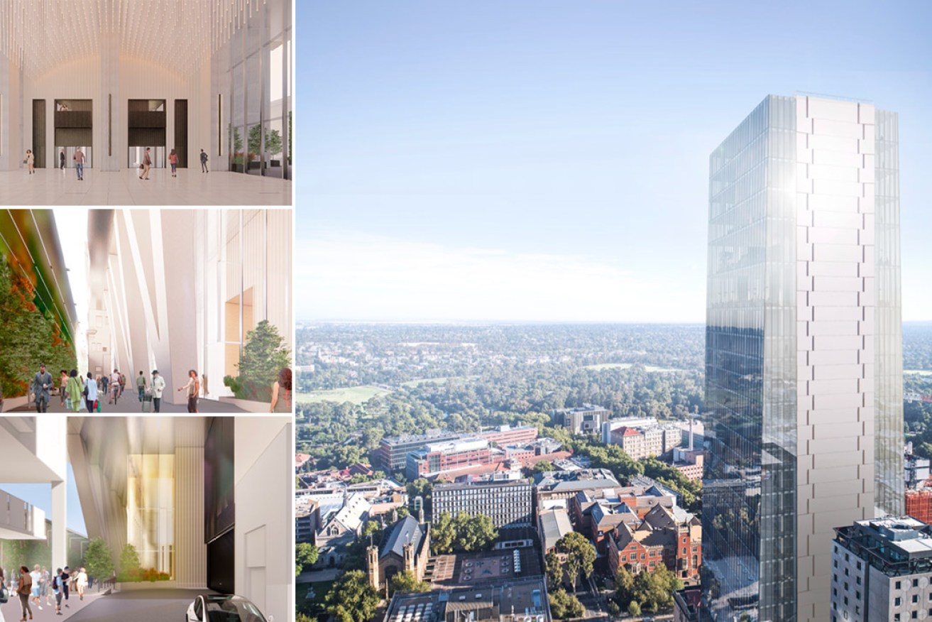New designs released for the Freemasons' vision for a 37-storey tower at 254 North Terrace. Images: Walter Brooke and Associates and Freemasons Hall Trust/supplied
