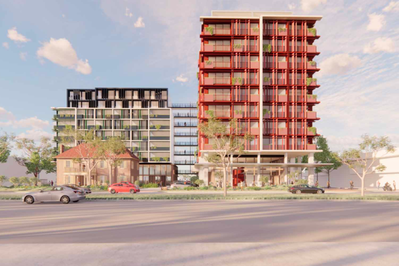 A computer image of the rejected plans for a 9- and 11-storey apartment towers at the AEU headquaters in Parkside. Image: nettletontribe architects
