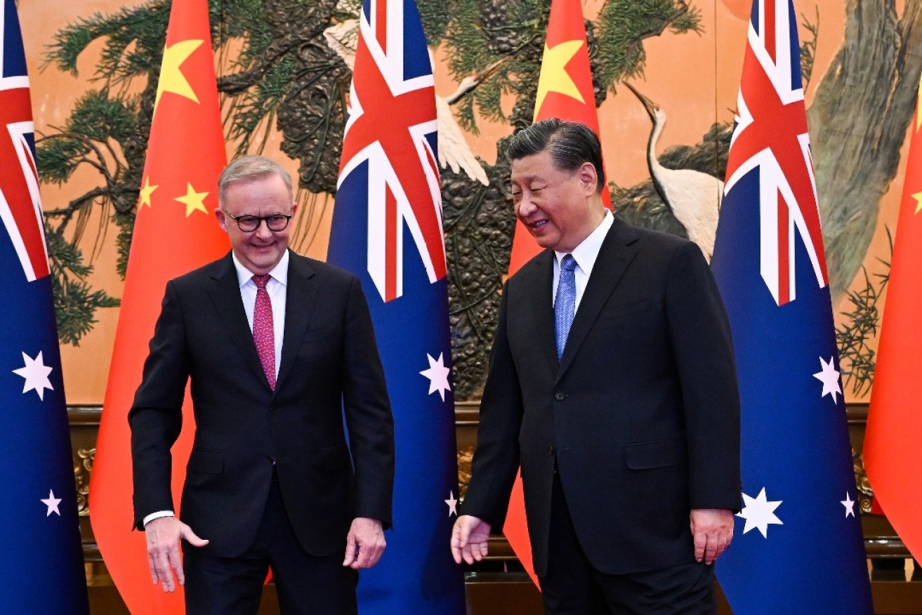 Australia’s Prime Minister Anthony Albanese meets with China’s President Xi Jinping at the Great Hall of the People in Beijing, China, Monday, November 6, 2023. Photo: AAP/Lukas Coch.
