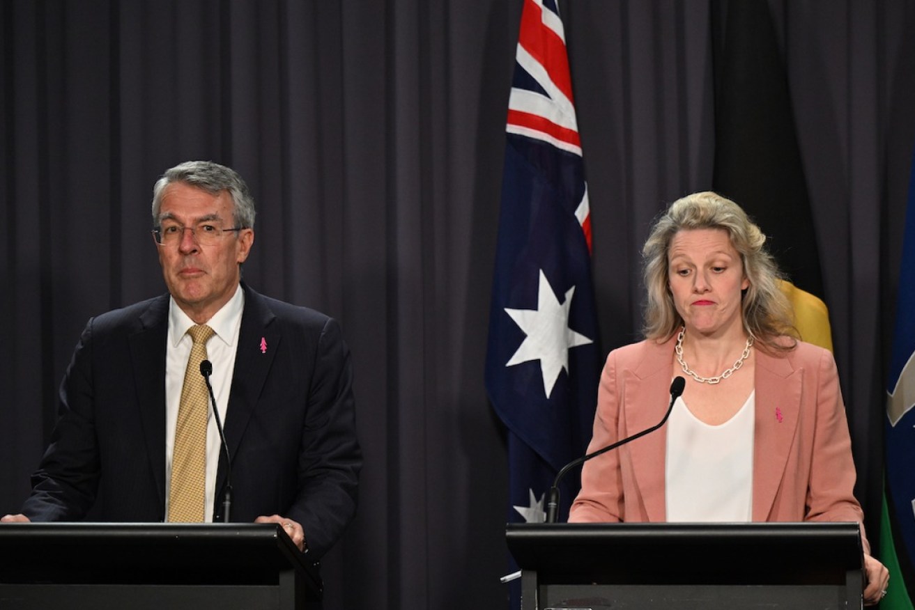 Attorney-General Mark Dreyfus and Home Affairs Minister Claire O'Neil at a press conference on preventative detention  legislation introduced in the wake of the High Court decision. Photo: AAP/Lukas Coch