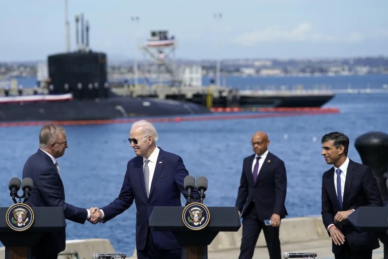 Prime Minister Anthony Albanese, US President Joe Biden and UK Prime Minister Rishi Sunak at an AUKUS nuclear submarines announcement in the US in March. Photo: AP/Evan Vucci