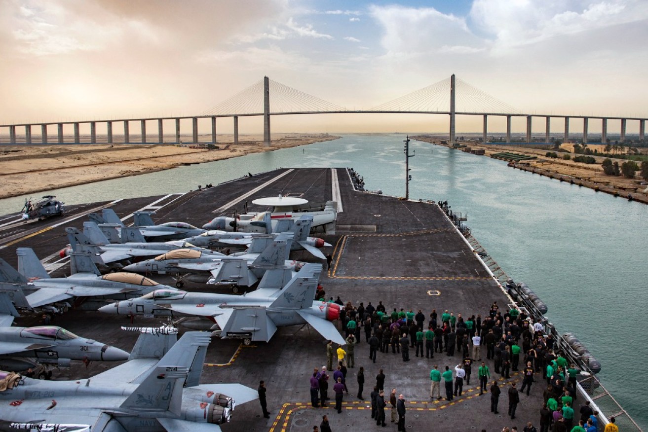 US aircraft carrier USS Dwight D. Eisenhower transits the Suez Canal. Photo: AAP