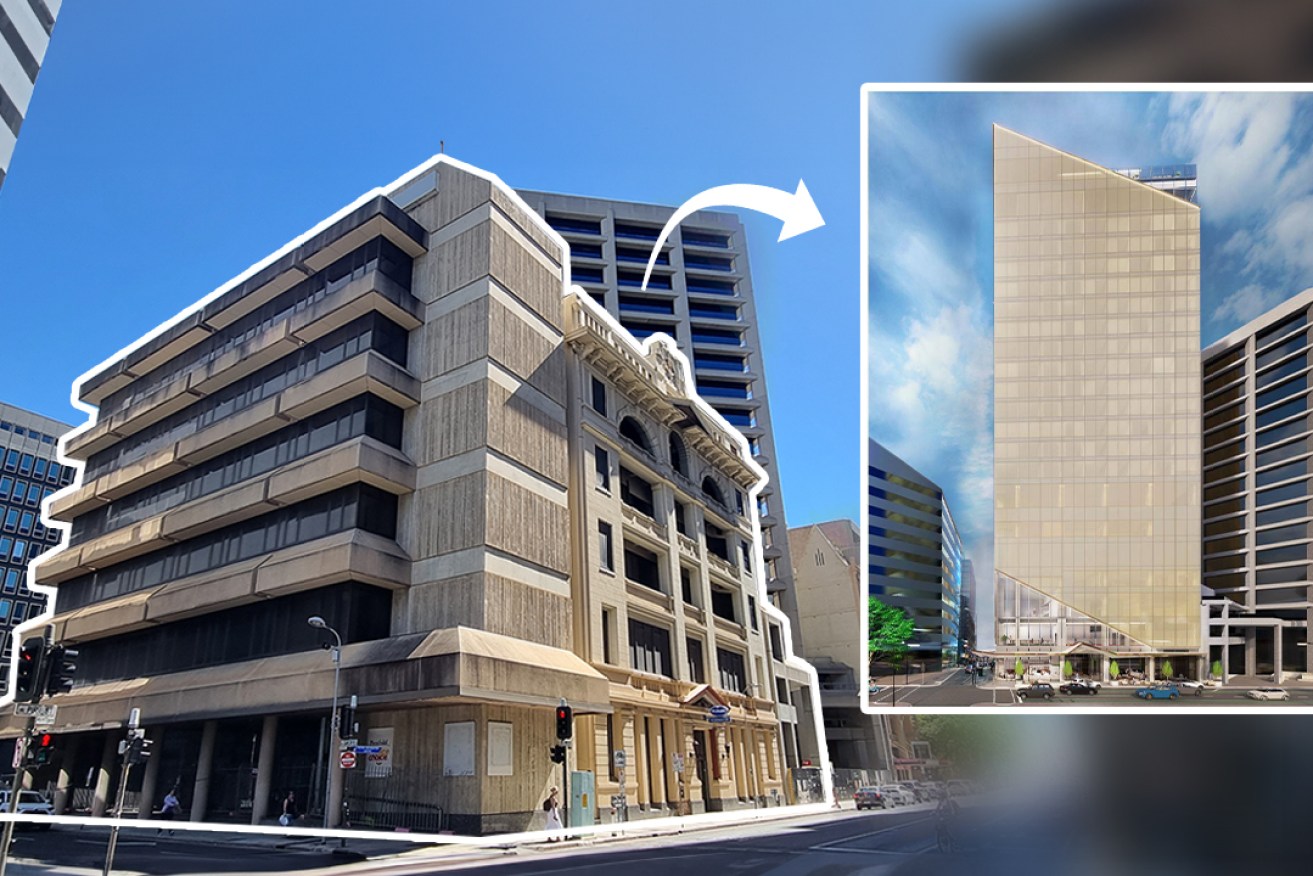 Planning approval remains in place for a 21-storey hotel project (inset) at 51 Pirie Street. Photo: Thomas Kelsall/InDaily; inset image: CEL Australia/GHD Woodhead