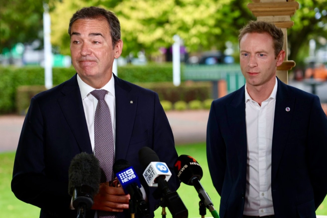 Former premier Steven Marshall and Opposition leader David Speirs at today's press conference. Photo: Tony Lewis/InDaily