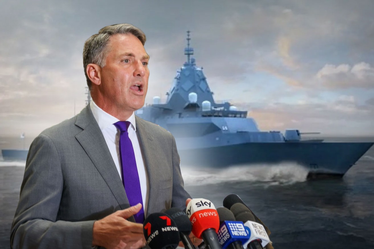 Defence Minister Richard Marles today announced six Hunter Class frigates will be built in South Australia, down from nine first planned. Photo: Tony Lewis/InDaily. Frigate image: BAE Systems. Design: James Taylor/InDaily.