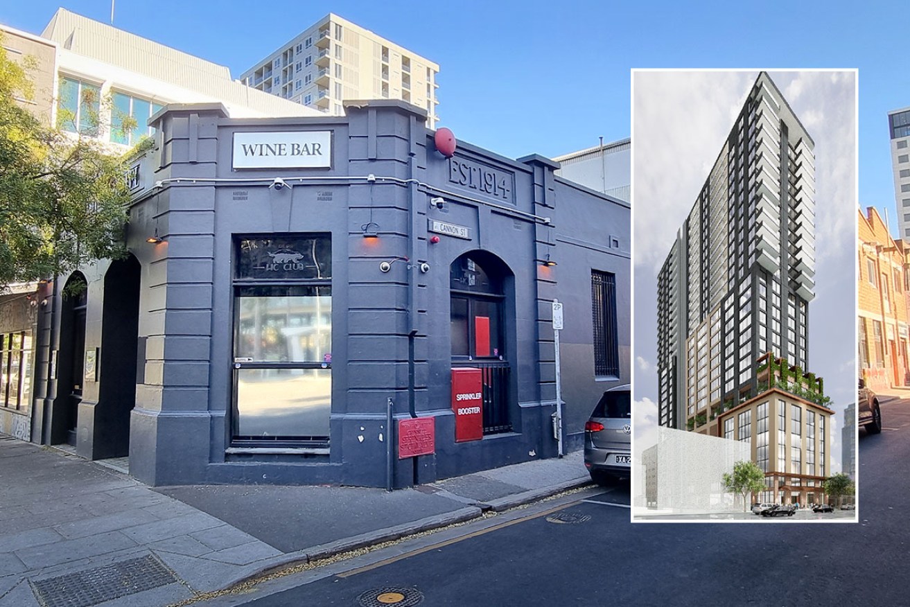 A hotel and apartments are planned for the Franklin Street site of the former Publishers Hotel and original home of The Stock Journal newspaper. Photo: Thomas Kelsall/InDaily. Inset image: Future Urban/supplied