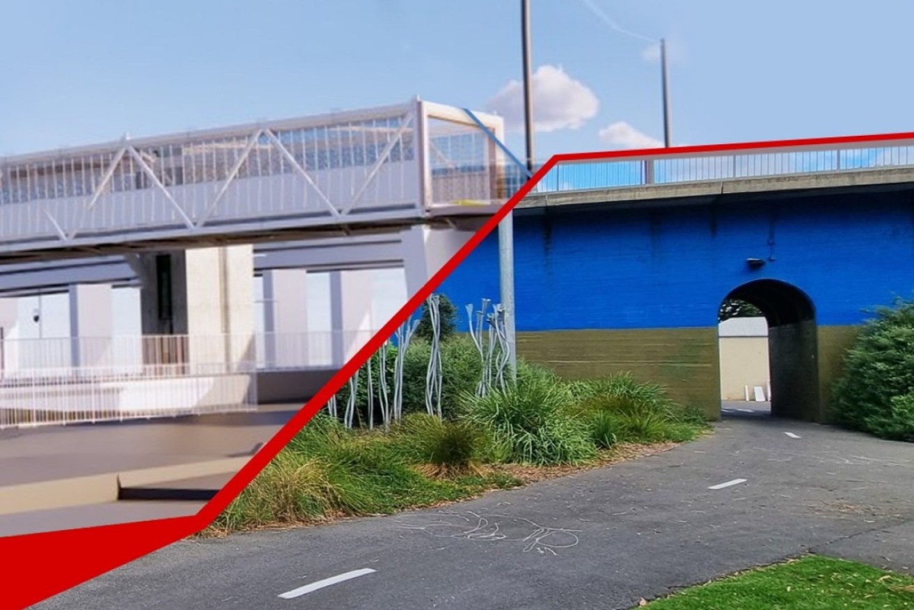 A computer image of the proposed $35 million overpass, which will now not go ahead. Left image: PTP Alliance. Photo (right): Thomas Kelsall/InDaily