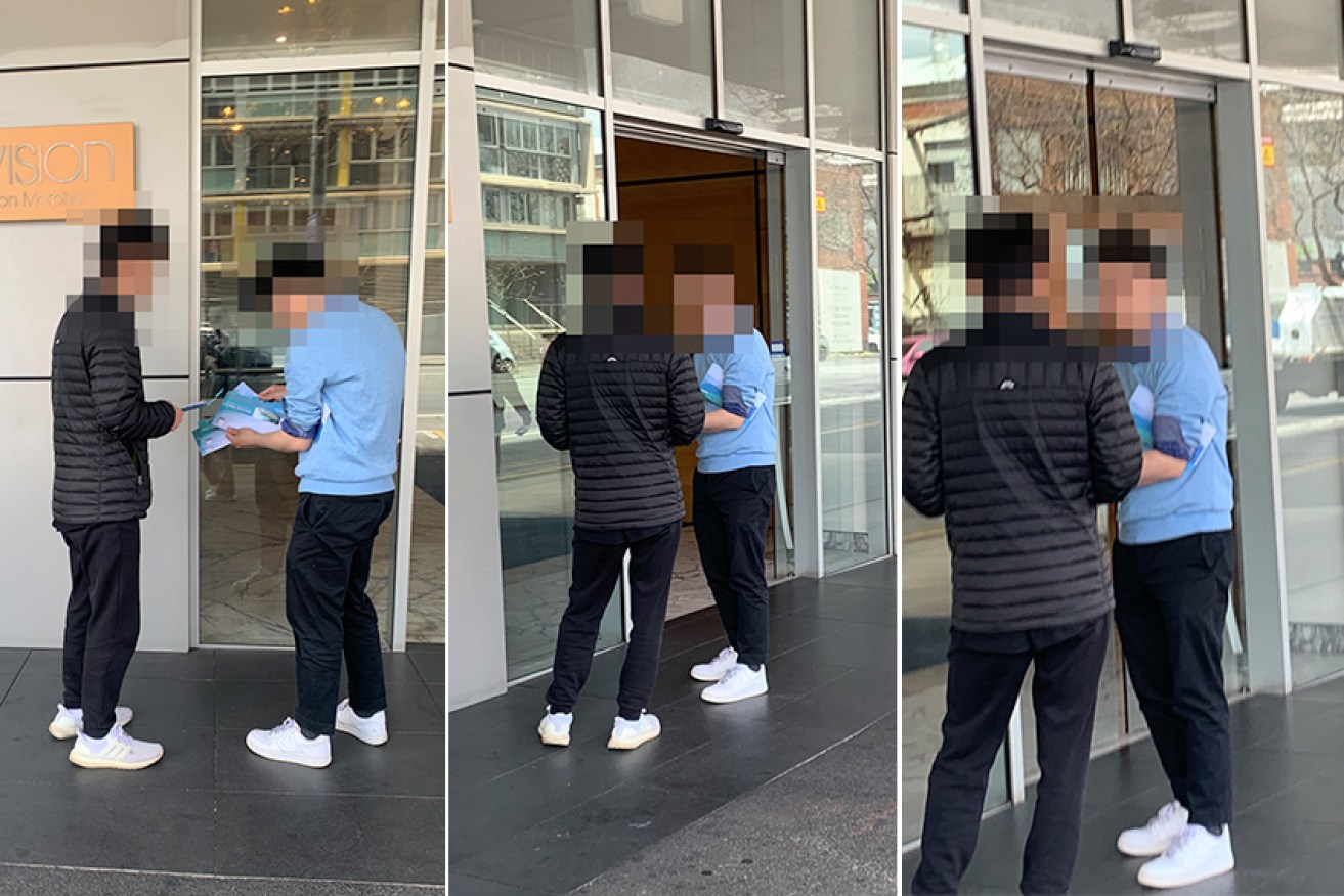 Photos of two unidentified men handling ballot packs outside Vision apartments on Morphett Street. Counsel for Jing Li have submitted there is no evidence they were holding Central Ward ballot packs, that they weren’t entitled to the ballot packs, or that they were connected to Jing Li. Photos: supplied