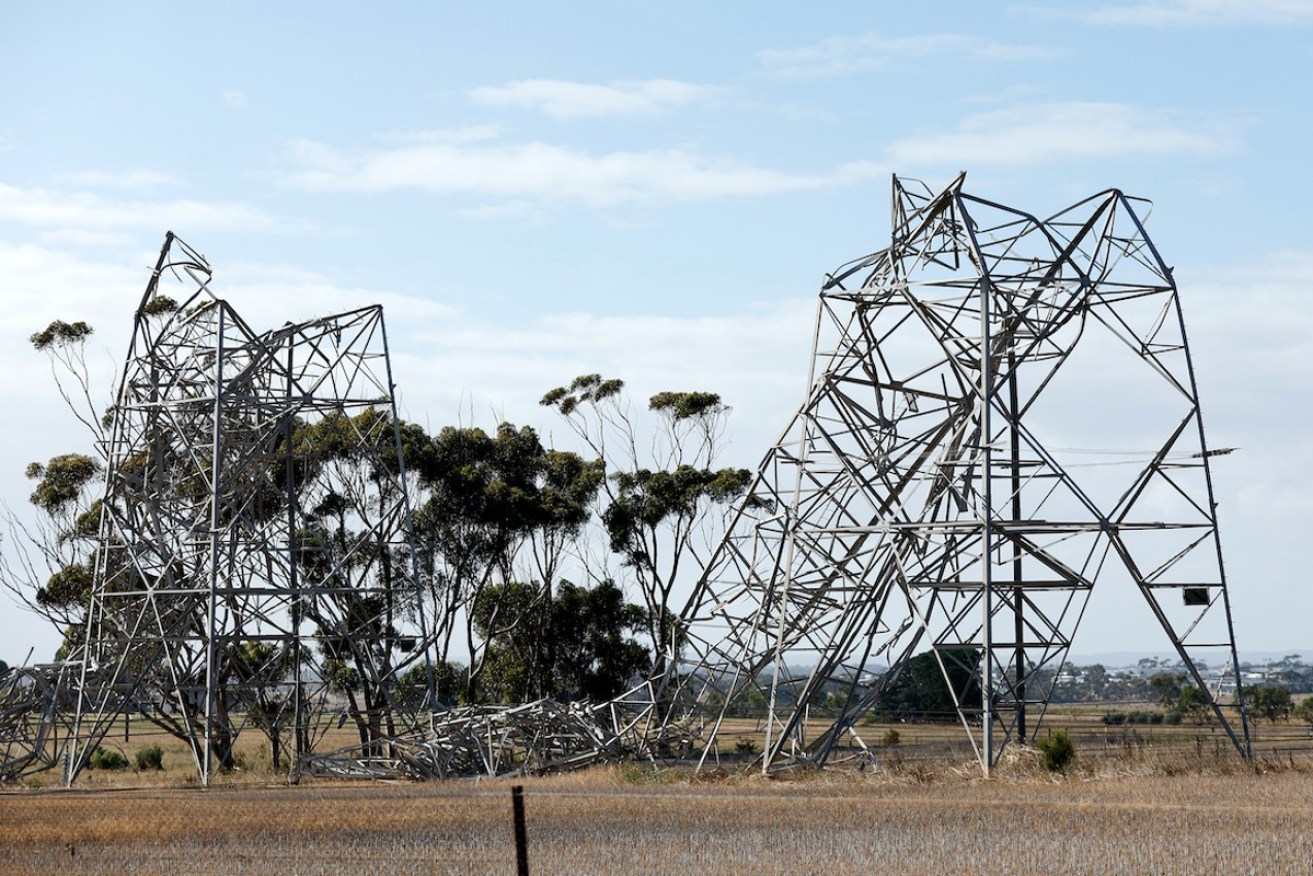 Collapsed transmission towers at Anakie in Melbourne on Wednesday. Photo: AAP