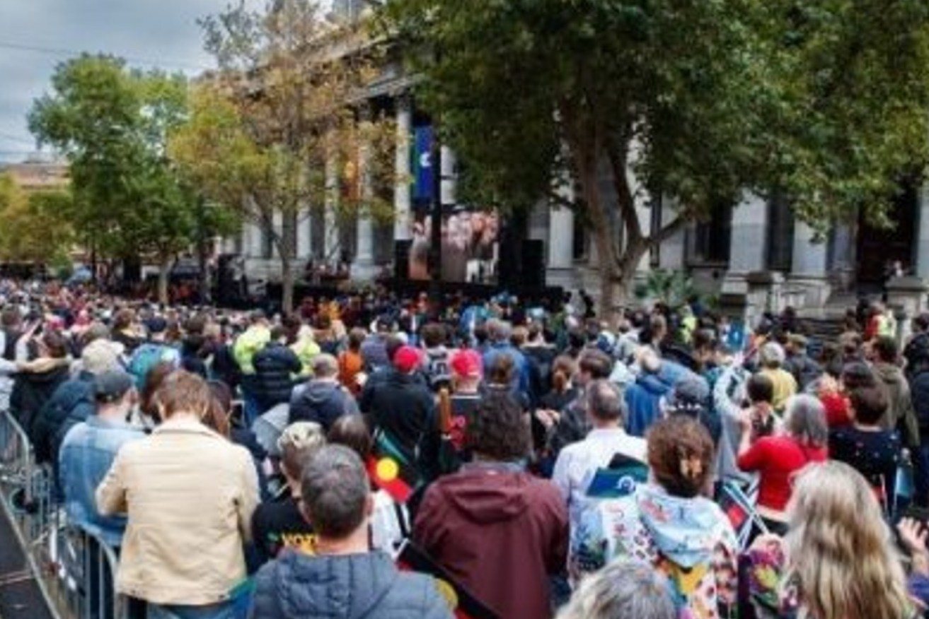 A crowd on North Terrace outside Parliament House on March 26 last year after the passing of First Nations Voice Act legislation. Photo: AAP