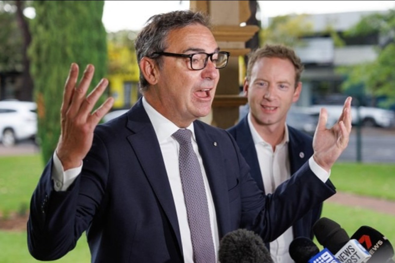 Steven Marshall announces his imminent resignation on January 24, 2024, alongside current Liberal Party leader David Speirs. Photo: Tony Lewis/InDaily