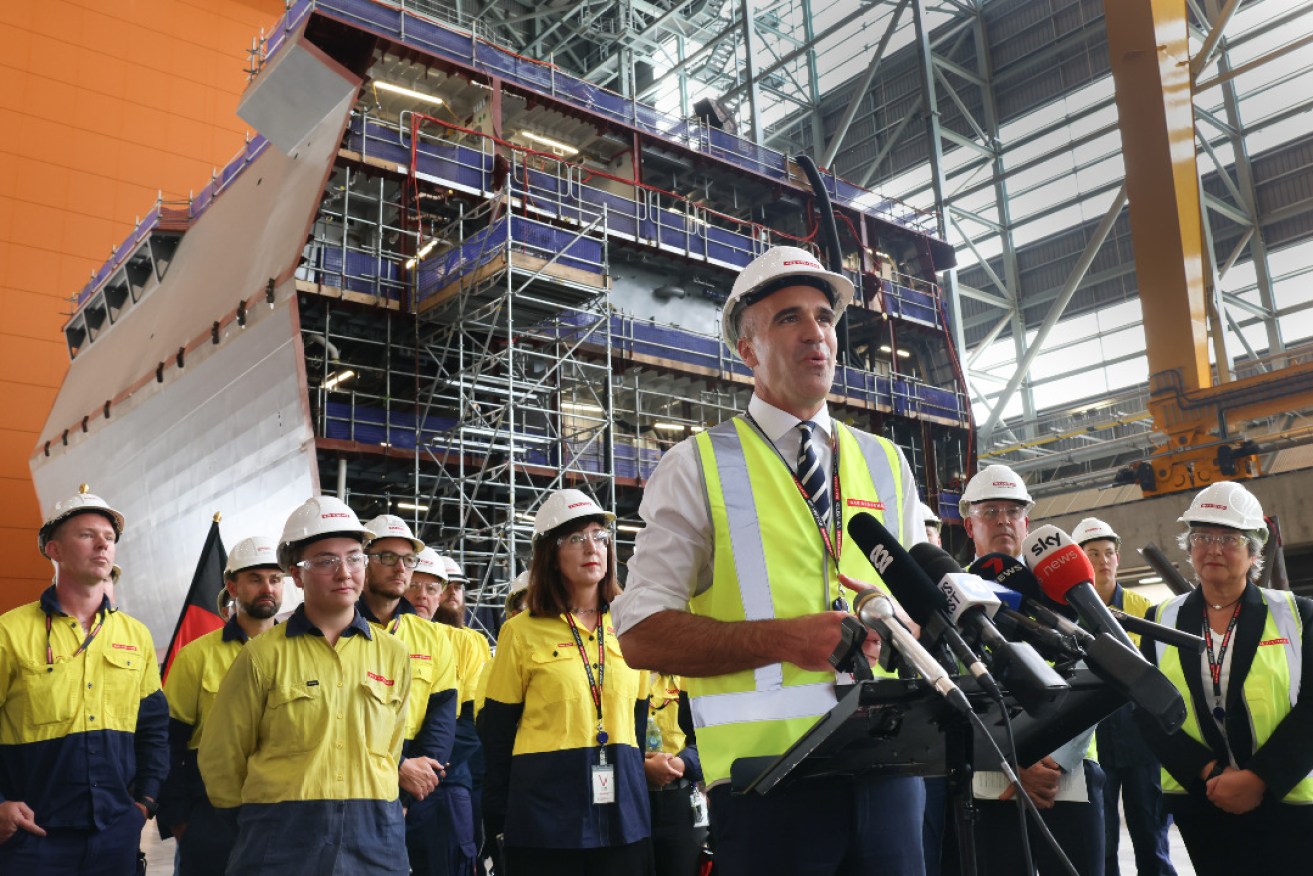 Premier Peter Malinauskas at Osborne after the federal government announced SA would build six naval frigates instead of the nine first announced. Photo: Tony Lewis/InDaily