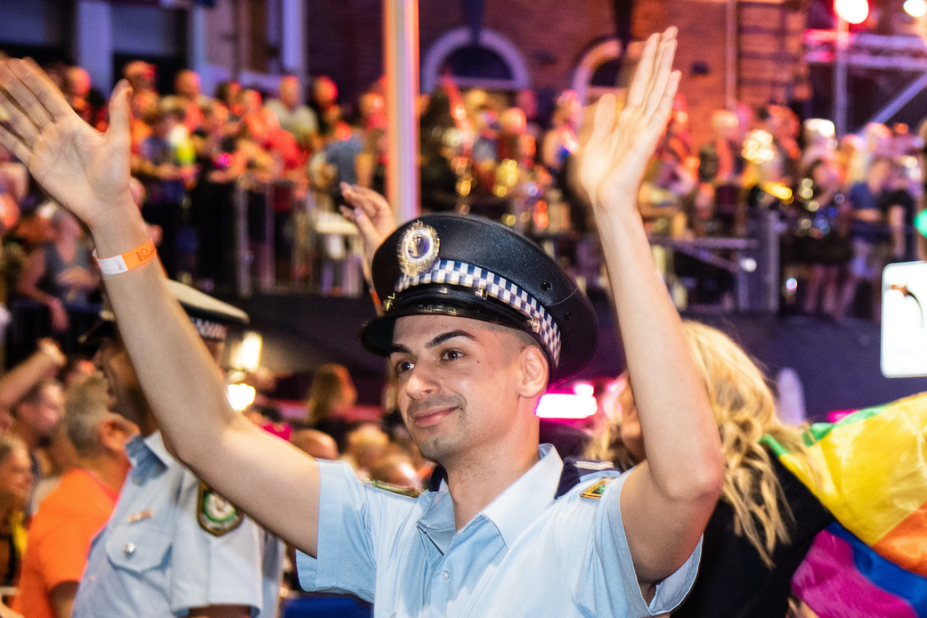 Police constable Beau Lamarre-Condon, seen here  taking part in Sydney's 2020 Gay and Lesbian Mardi Gras parade, is in custody over the alleged murders of Jesse Baird and Luke Davies with his police pistol. Photo: AAP