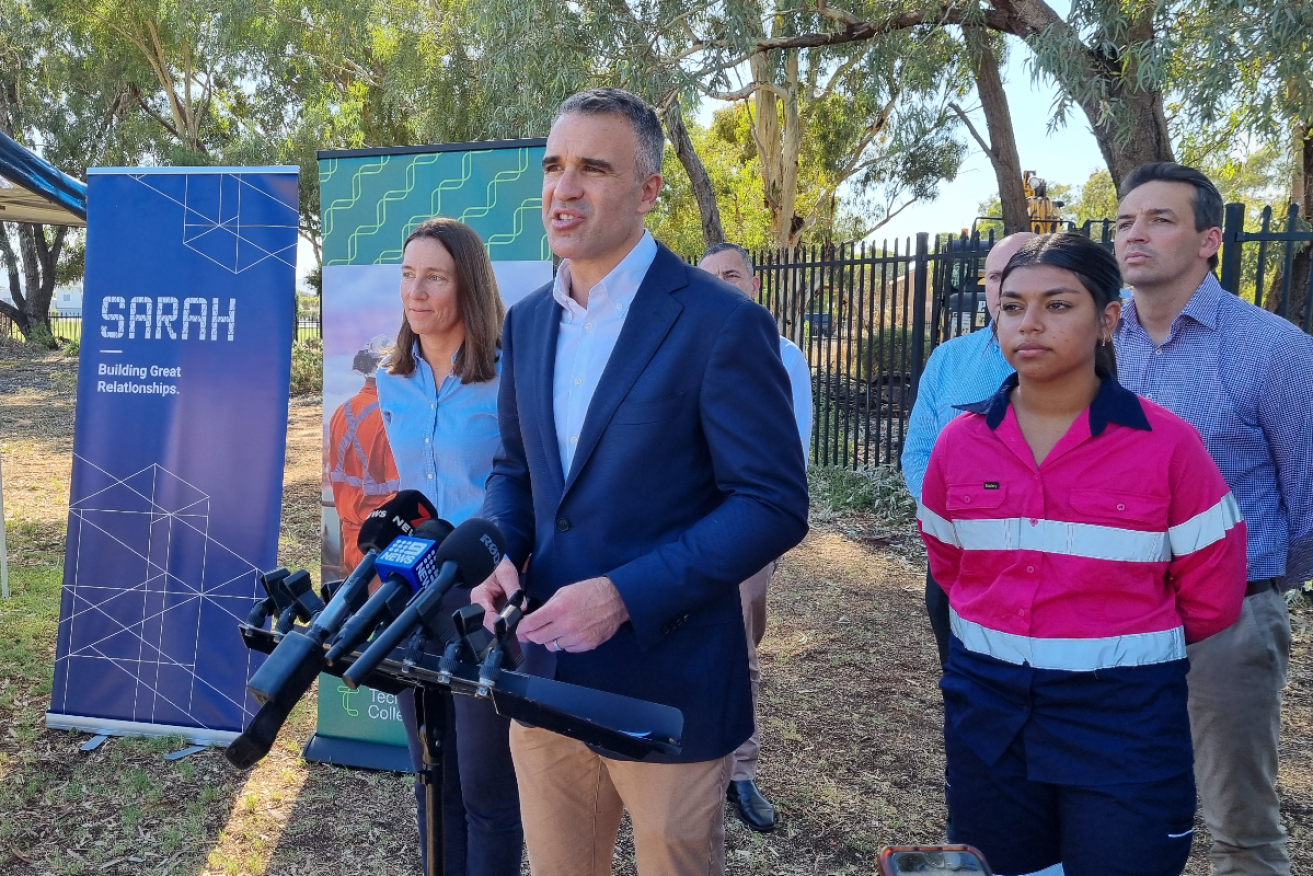 Premier Peter Malinauskas announcing the government's new renewables target in Port Augusta on Tuesday. Photo: Thomas Kelsall/InDaily