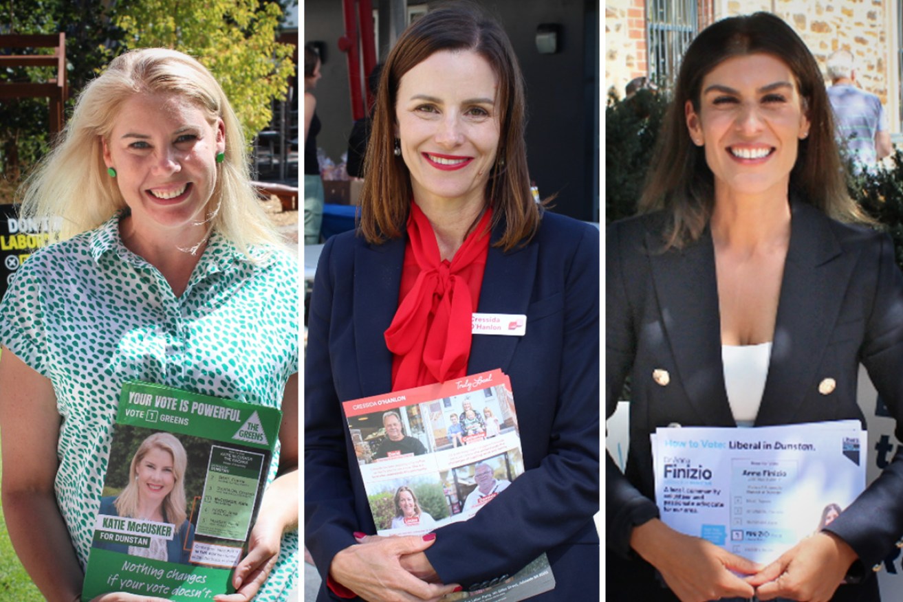 L-R: Greens candidate Katie McCusker, Labor candidate Cressida O'Hanlon, Liberal candidate Dr Anna Finizio. Photos: David Simmons/InDaily.
