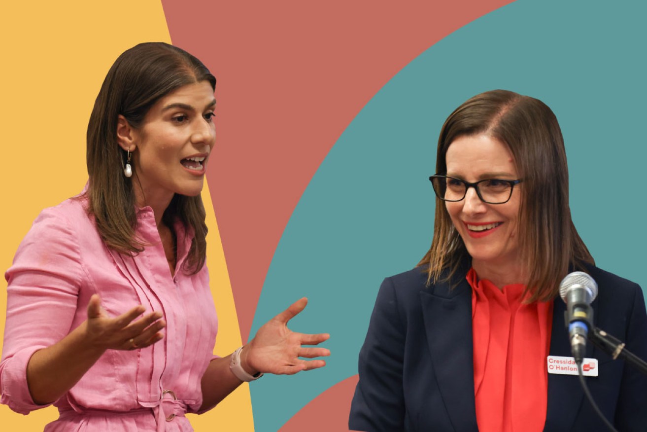 Liberal candidate for Dunstan Anna Finizio and Labor's Cressida O'Hanlon plus the Greens and two other female candidates at Wednesday's St Peters Community Forum. Photo: Tony Lewis/InDaily. Graphic: Mikaela Balacco/InDaily.