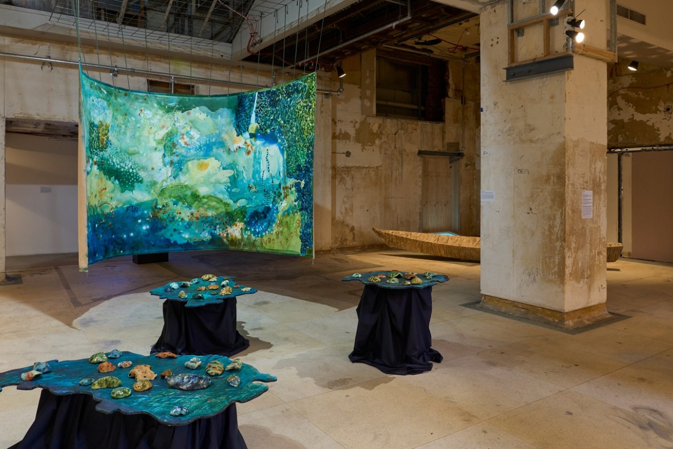 'Neoterica' installation view featuring Eleanor Alice's 'Dig deep, bury, find, discover and recover' and Riza Manalo's 'Homage to the Unknown'. Photo: Sam Roberts / supplied