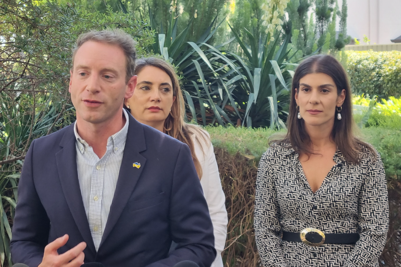Opposition leader David Speirs, government accountability spokesperson Michelle Lensink and Liberal Party Dunstan candidate Dr Anna Finizio speaking to the media. Photo: Thomas Kelsall/InDaily