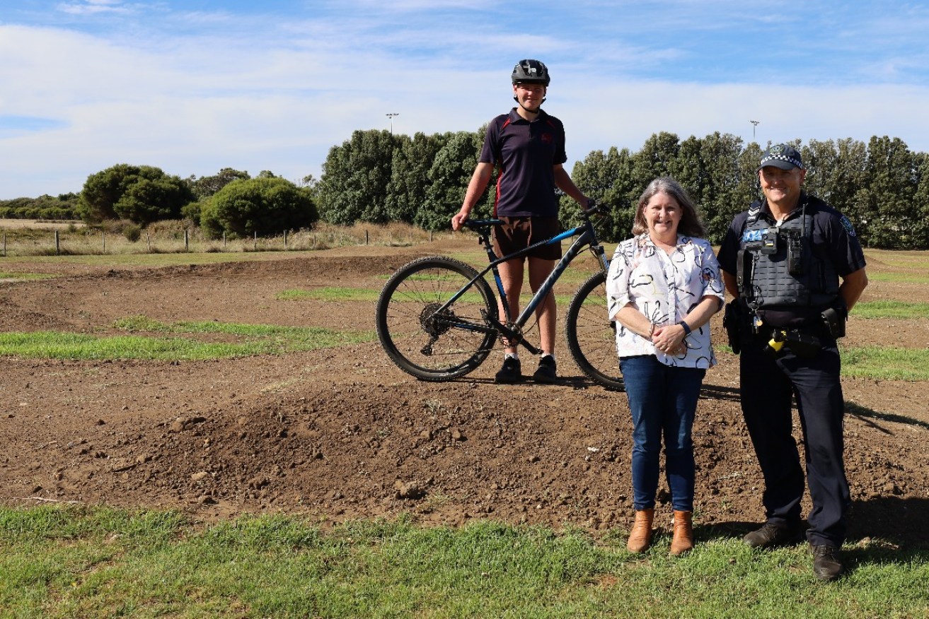  Jett Lewis, Mayor Kylie Boston and Brevet Sergeant John Carroll admiring the newly constructed dirt mountain bike track at Port MacDonnell. Photo: supplied
