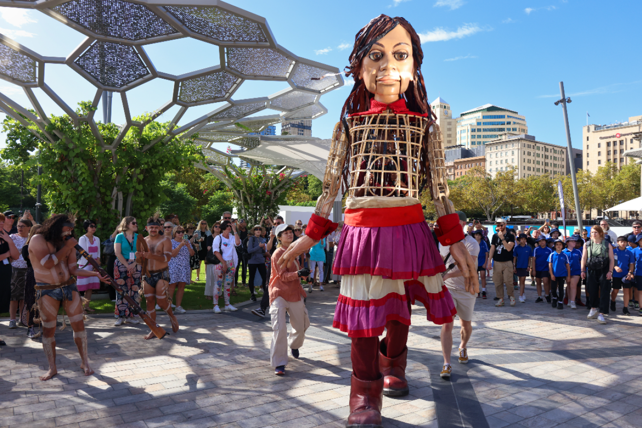 'Little Amal' at Festival Plaza on Friday. Photo: Tony Lewis/Adelaide Festival