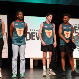 <p>The Tasmania Devils AFL club has been overwhelmed by community support after unveiling their name, colours and inaugural jumper.</p>
