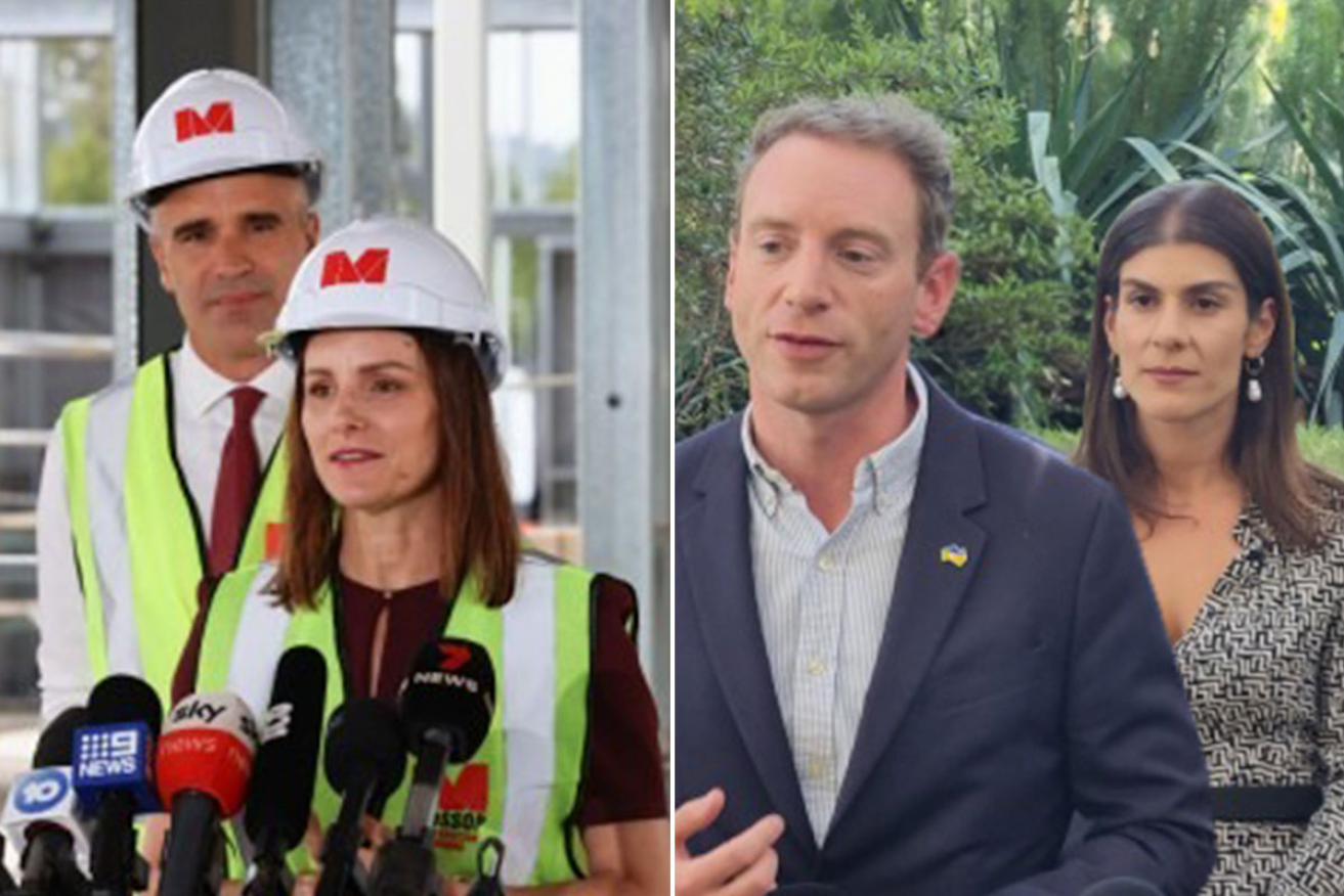 Premier Peter Malinauskas with Labor Dunstan candidate Cressida O'Hanlon (left) and Opposition leader David Speirs with Liberal candidate Anna Finizio. Photos: Tony Lewis/InDaily, Thomas Kelsall/InDaily. Image: James Taylor/InDaily