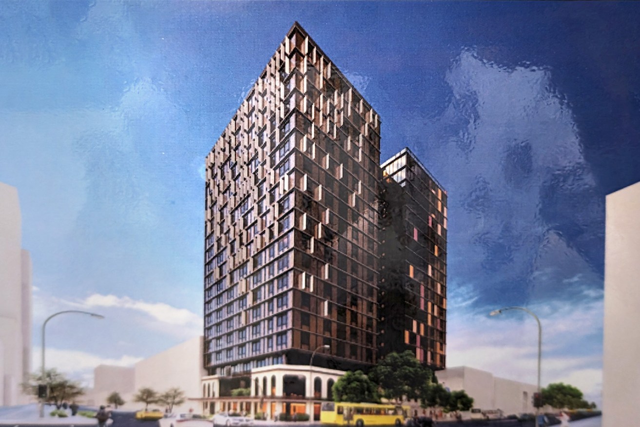 The 19-storey student housing block proposed for the Crown & Anchor site and Grenfell St frontage between Frome and Union streets. Image: Plan SA