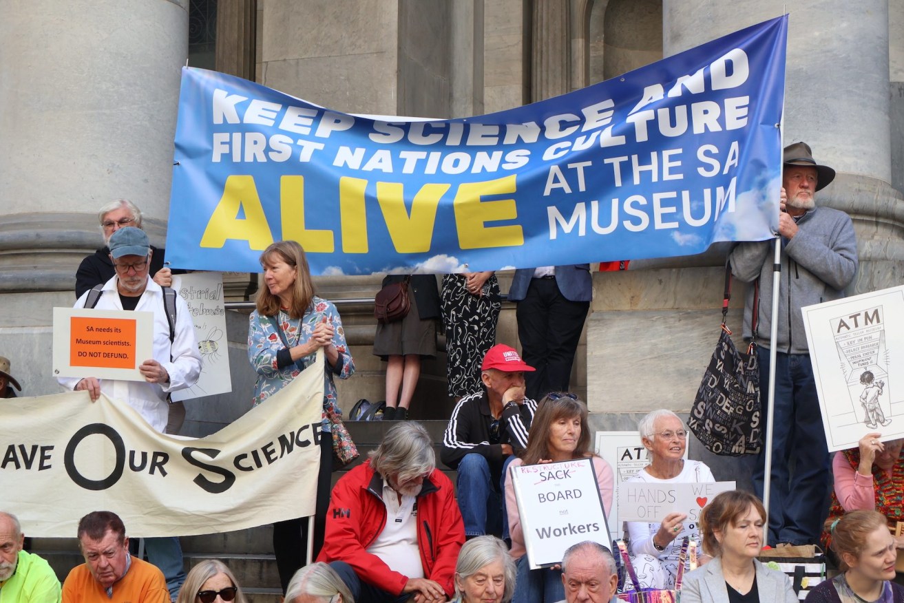 Hundreds gathered at Parliament House to protest the proposed SA Museum restructure. Photo: Charlie Gilchrist.