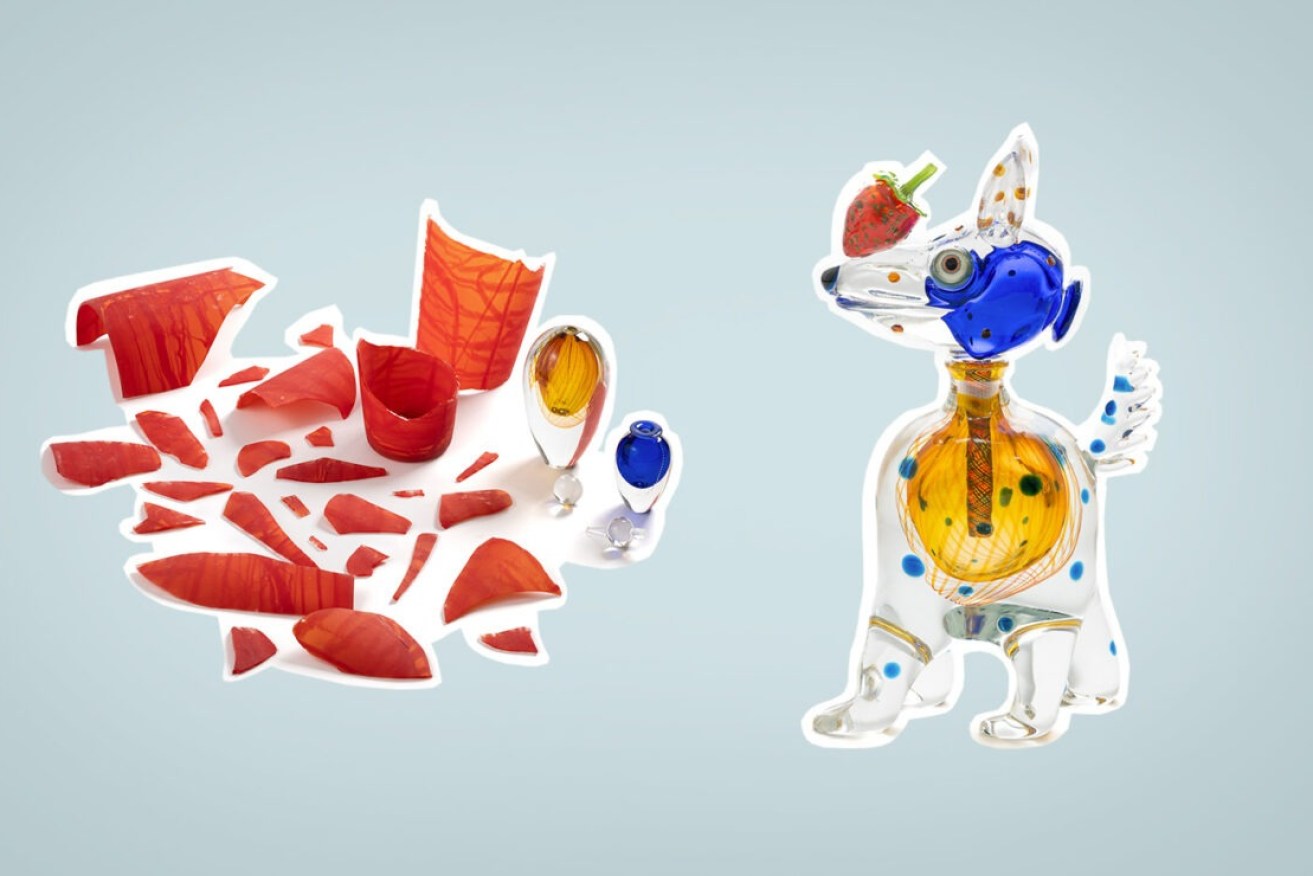 Before and after: A broken vase and perfume bottles owned by Paula Nagel were transformed into a quirky dog by glass artist Tom Moore. Photos: Connor Patterson. Montage: James Taylor
