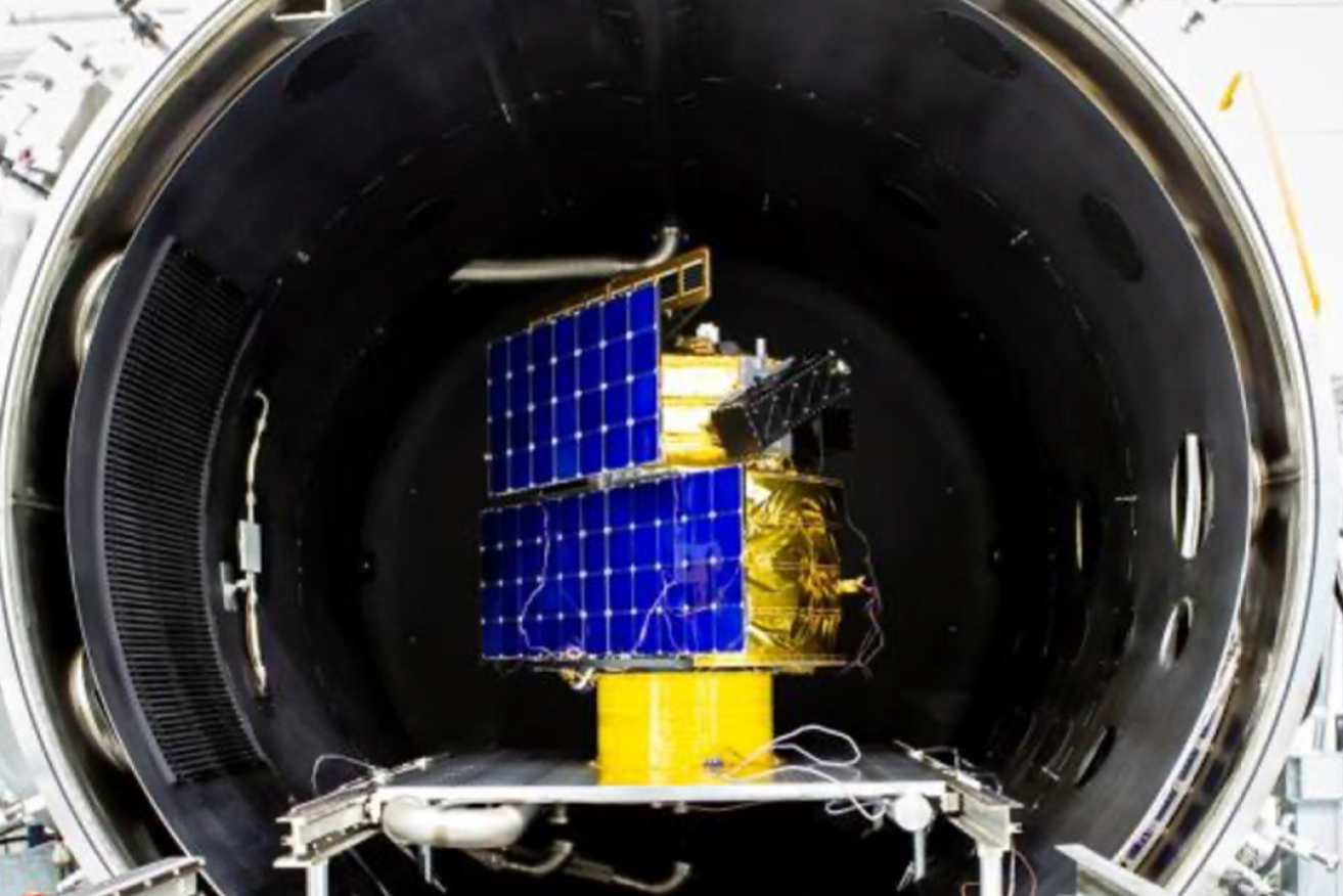 Australian Space Agency’s image of the Optimus satellite during the experimental campaign at the National Space Test Facility. Photo credit: Cristy Roberts, ANU