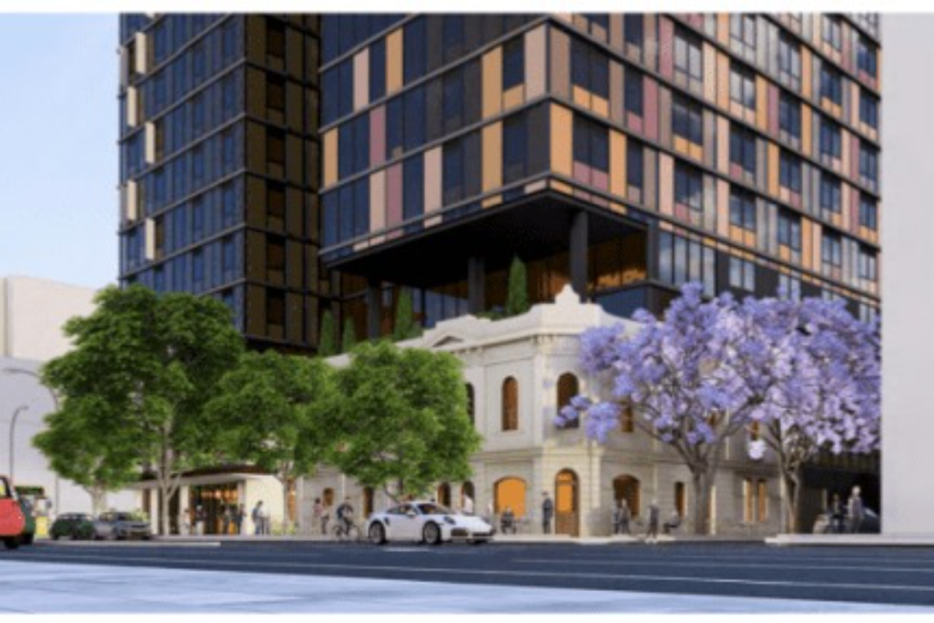 The Crown & Anchor hotel would be demolished but its facade would remain as a "heritage" item under plans for a 19-storey student apartment tower. Image: Brown Falconer/Plan SA
