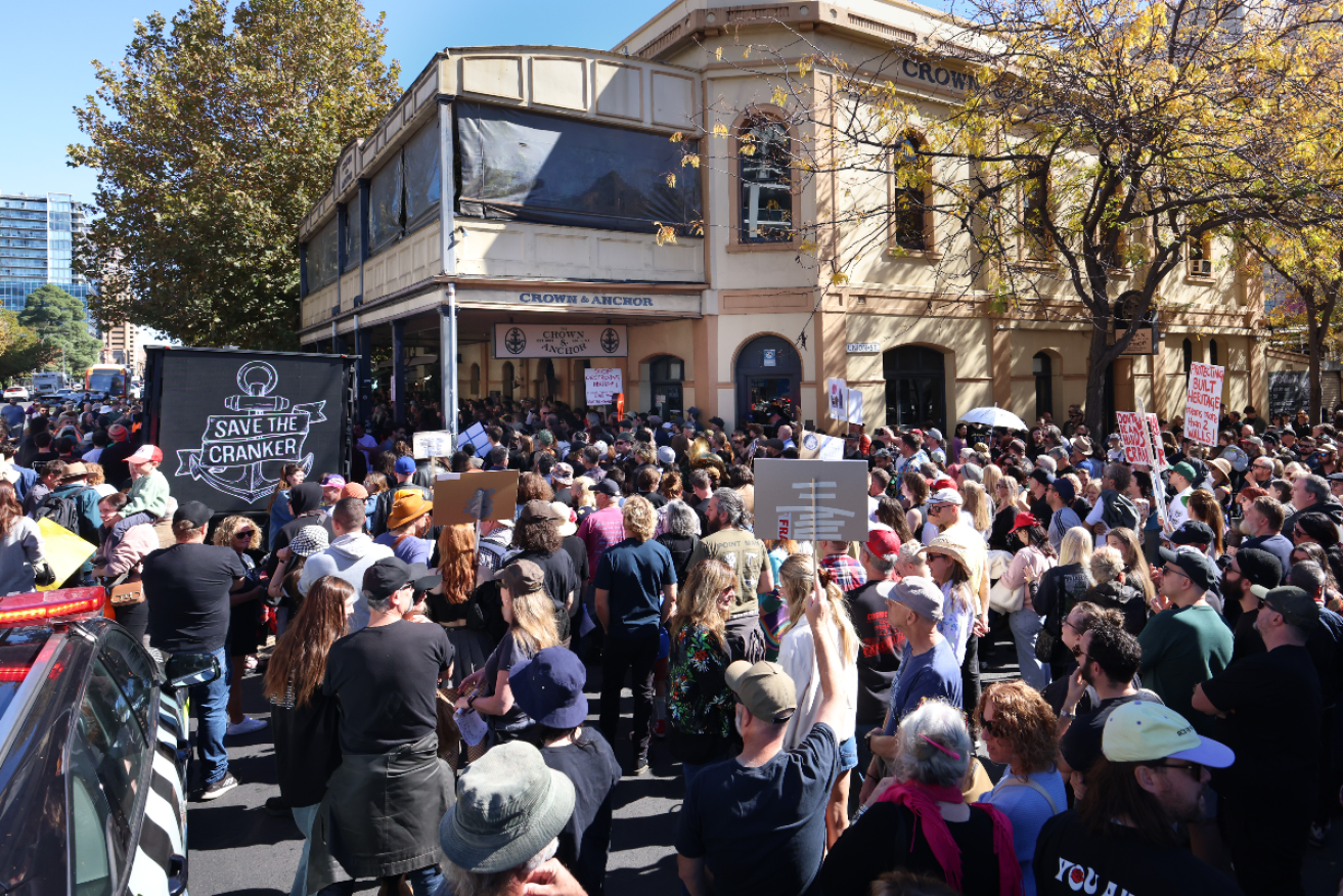 "Save the Cranker" supporters rallied at the Grenfell St pub before marching to Parliament House on Sunday. Photo: Tony Lewis / InDaily